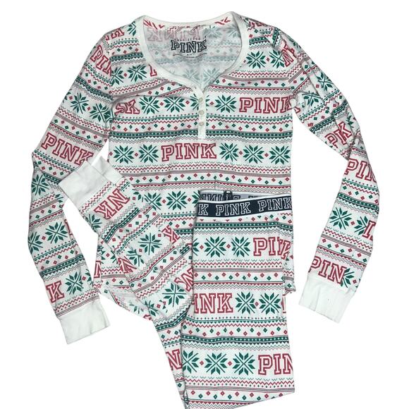 Victorian's Secret PINK Holiday fair isle Christmas Waffle PJ top pant set med - Picture 3 of 7